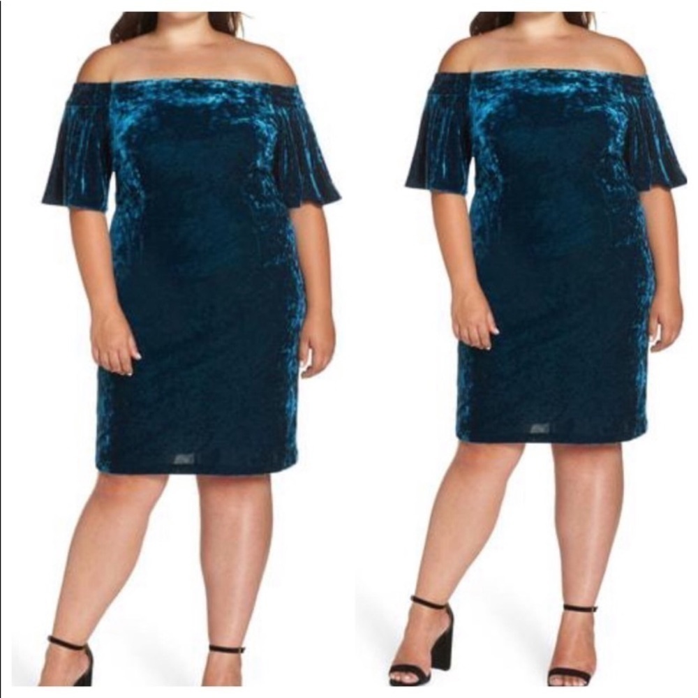Eliza J blue crushed velvet off the shoulder dress 16w